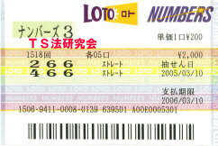 Ｈ１７．３．１０．抽選
★ 当選番号　２．６．６．
・ナンバーズ3 ストレート　５口 
・獲得高額当選金　５３万６５００円