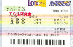 H17.4.15.抽選
★ 当選番号 1.9.0.
・ナンバーズ3 ストレート 5口
・獲得高額当選金 41万5500円
