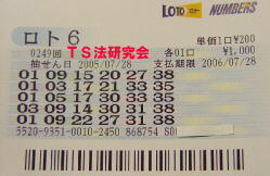 H17.7.28.抽選
★ 当選番号 01.03.17.23.33.35.(18)
・一致数字 01.03.17.33.35
・獲得当選金 3等 57万1800円