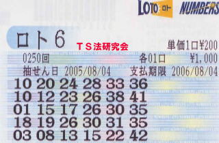 H17.8.4.抽選
★ 当選番号 03.08.09.13.22.42.(11)
・一致数字 03.08.13.22.42.
・獲得当選金 3等 69万6600円