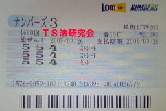 H17.9.26.抽選
★ 当選番号 5.5.4.
上段より
・ナンバーズ3 ストレート 95.700円×5口=478.500円
・ナンバーズ3 ストレート 95.700円×5口=478.500円
・ナンバーズ3 セットストレート 63.800円×5口=319.000円
・獲得高額当選金 127万6000円