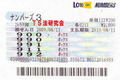 ナンバーズ3 H21. 8.11.抽選
★ 当選番号 9.9.2.
・ナンバーズ3 9.9.2. ボックス 2口 当選!
・獲得高額当選金 10万7000円