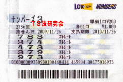 ナンバーズ3 H21.11.26.抽選
★ 当選番号 9.7.3.
・ナンバーズ3 9.7.3. ストレート当選!
・獲得高額当選金 11万9600円