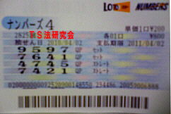 ナンバーズ4 H22.4. 2.抽選
★ 当選番号 9.5.9.7.
・ナンバーズ4 9.5.9.7. セットストレート当選!
・獲得高額当選金 71万6500円