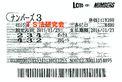 ナンバーズ３　Ｈ２７．１. ２３．抽選 
★ 当選番号　４．３．２．
・ナンバーズ3
・ボックス当選！
・ストレート当選！

・獲得高額当選金　１０万６２００円