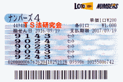 ナンバーズ４　Ｈ２８．９．１９．抽選 
★ 当選番号　９．０．２．４．
・ナンバーズ4　セットストレート当選！
・獲得高額当選金　４６万４１００円