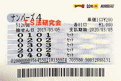 ナンバーズ4 2019年3月5日・ナンバーズ4・獲得高額当選金 55万4900円